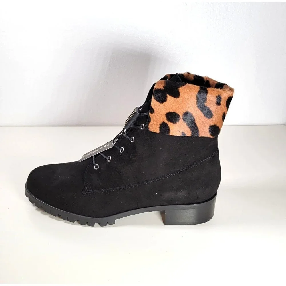Made In Italy Leopard Animal Print Laced Up Suede Booties Boots Black US 8 EU 38